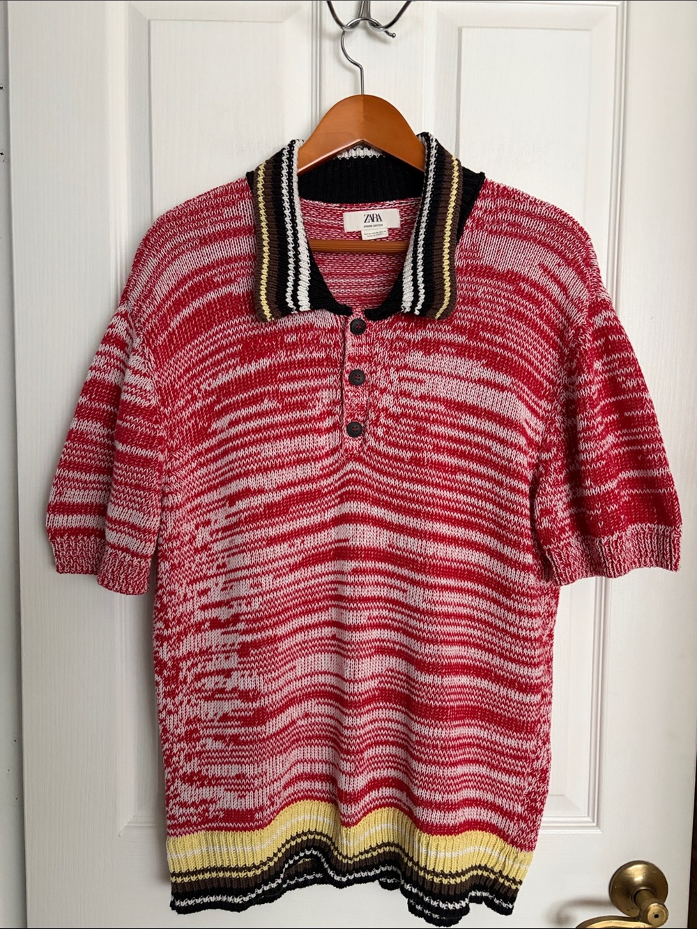 ZARA Striped Edition - Red and White Striped Knit Polo with Contrast Trim